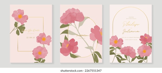 Luxury wedding invitation card background vector. Elegant watercolor botanical blooming pink flowers and geometric gold frame texture. Design illustration for wedding and vip cover template, banner.