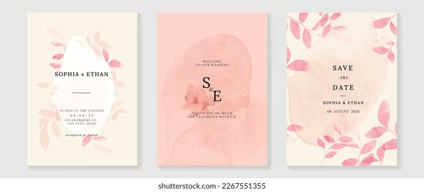 Vector de fondo de la tarjeta de invitación a boda de lujo. Elegante acuarela de color rosa pastel botánico, beige, color de la tierra tema flores silvestres y textura de hojas. Diseño para la plantilla de portada de bodas y vip, banner.