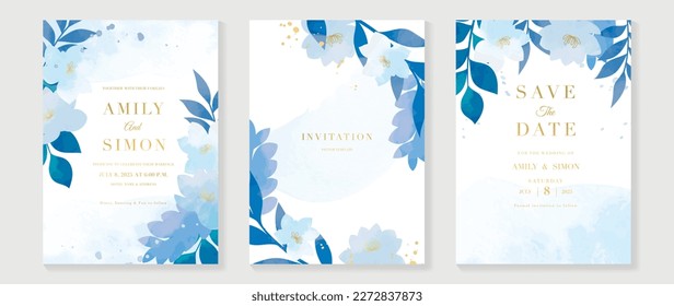 Vector de fondo de la tarjeta de invitación a boda de lujo. Flores botánicas azul acuarela y rama de hoja con textura de mancha de tinta dorada. Ilustración de diseño para la plantilla de portada de bodas y vip, banner.