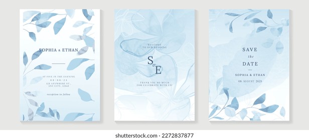 Luxury wedding invitation card background vector. Hand drawn botanical floral leaf branch in blue theme watercolor texture background. Design illustration for wedding and vip cover template, banner.