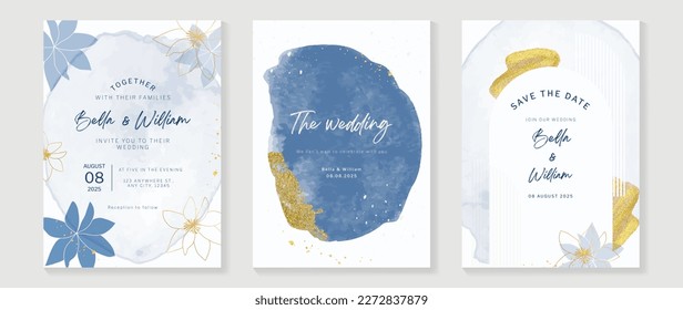 Luxury wedding invitation card background vector. Hand drawn flowers with blue theme watercolor and gold glitter brush stroke texture. Design illustration for wedding and vip cover template, banner.