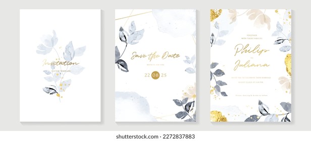 Vector de fondo de la tarjeta de invitación a boda de lujo. Rama de hojas de color agua floral con pintura de roce de hoja dorada y textura de manchas de tinta. Ilustración de diseño para la plantilla de portada de bodas y vip, banner.