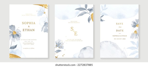 Vector de fondo de la tarjeta de invitación a boda de lujo. Rama de hojas de color agua floral con pintura de roce de hoja dorada y textura de manchas de tinta. Ilustración de diseño para la plantilla de portada de bodas y vip, banner.