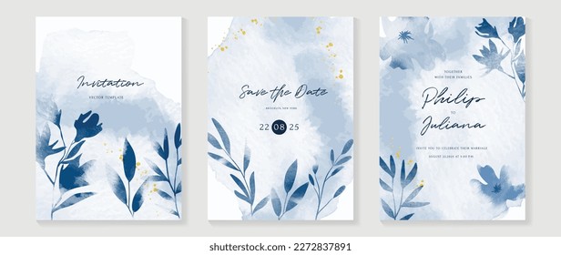 Luxury wedding invitation card background vector. Hand drawn leaf branch in blue theme watercolor and gold glitter ink splatter texture. Design illustration for wedding and vip cover template, banner.