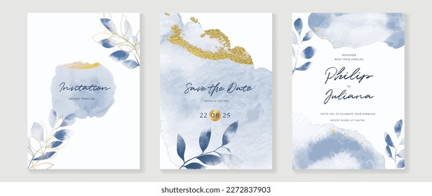Luxury wedding invitation card background vector. Hand drawn leaf branch in blue theme watercolor and gold glitter brush stroke texture. Design illustration for wedding and vip cover template, banner.