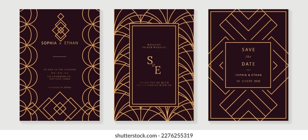 Luxury wedding invitation card background vector. Golden elegant geometric art deco gatsby style line art frame. Premium design illustration for wedding and vip cover template, banner, poster.