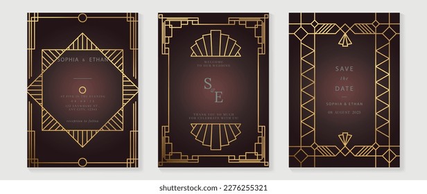 Vector de fondo de la tarjeta de invitación a boda de lujo. Elegante y dorada gatsby de arte geométrico por líneas de arte de estilo. Ilustración de diseño premium para la plantilla de portada de bodas y vip, banner, afiche.