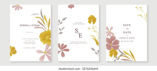 Vector de fondo de la tarjeta de invitación a boda de lujo. Fondo mínimo de la plantilla de textura de flores botánicas de color de agua pintada a mano. Ilustración de diseño para la plantilla de portada de bodas y vip, banner, afiche.