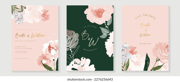 Luxury wedding invitation card background vector. Minimal hand painted watercolor botanical flowers texture template background. Design illustration for wedding and vip cover template, banner, poster.