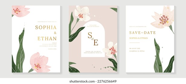 Luxury wedding invitation card background vector. Minimal hand painted watercolor botanical flowers texture template background. Design illustration for wedding and vip cover template, banner, poster.