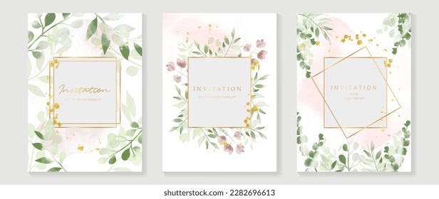 Luxury wedding invitation card background vector. Elegant watercolor texture in pink flower, leaf, gold border. Spring floral design illustration for wedding and vip cover template, banner, invite.