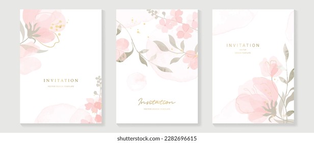 Vector de fondo de la tarjeta de invitación a boda de lujo. Elegante textura acuarela en flor rosa, hoja, línea dorada. Ilustración de diseño floral de primavera para la plantilla de portada de bodas y vip, banner, invitación.