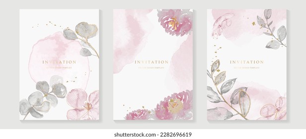 Vector de fondo de la tarjeta de invitación a boda de lujo. Elegante textura acuarela en planta, flor rosa, línea dorada. Ilustración de diseño floral de primavera para la plantilla de portada de bodas y vip, banner, invitación.