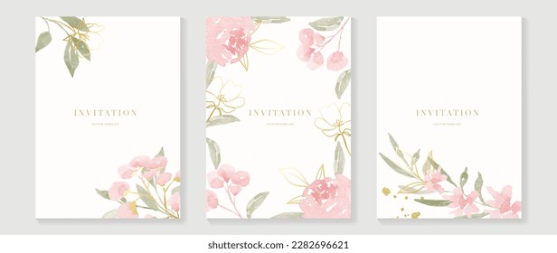 Luxury wedding invitation card background vector. Elegant watercolor texture in pink flower, gold sparkle, gold line. Spring floral design illustration for wedding and cover template, banner, invite.