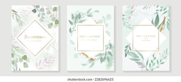 Luxury wedding invitation card background vector. Elegant watercolor texture in pink flower, leaf, gold border. Spring floral design illustration for wedding and vip cover template, banner, invite.