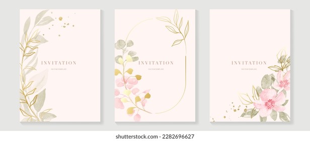 Vector de fondo de la tarjeta de invitación a boda de lujo. Elegante textura acuarela en flor rosa, línea dorada, borde dorado. Ilustración de diseño floral de primavera para la plantilla de boda y cubierta, banner, invitación.