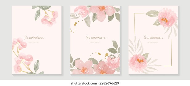 Vector de fondo de la tarjeta de invitación a boda de lujo. Elegante textura acuarela en flor rosa, brillo dorado, borde dorado. Ilustración de diseño floral de primavera para la plantilla de boda y cubierta, banner, invitación.