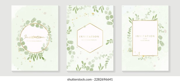 Luxury wedding invitation card background vector. Elegant watercolor texture in plant, leaf, gold border. Spring floral design illustration for wedding and vip cover template, banner, invite.