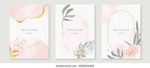 Luxury wedding invitation card background vector. Elegant watercolor texture in pink flower, gold line, gold border. Spring floral design illustration for wedding and cover template, banner, invite.