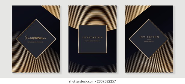 Luxury wedding invitation card background vector. Golden elegant geometric shape, gold wavy lines on dark background. Premium design illustration for wedding and vip cover template, banner, poster.