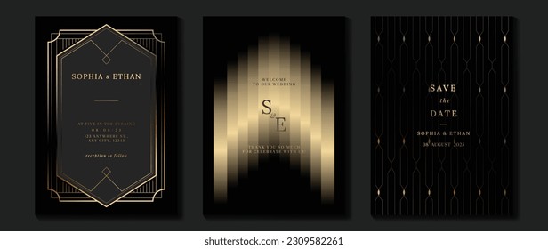 Luxury wedding invitation card background vector. Golden elegant geometric shape, gold lines on dark background. Premium design illustration for wedding and vip cover template, banner, poster.