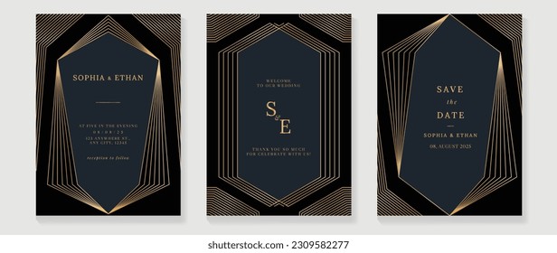 Luxury wedding invitation card background vector. Golden elegant geometric shape, gold lines on dark background. Premium design illustration for wedding and vip cover template, banner, poster.