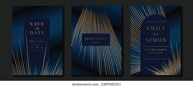 Luxury wedding invitation card background vector. Golden elegant geometric shape, gold lines on dark blue background. Premium design illustration for wedding and vip cover template, banner, poster.