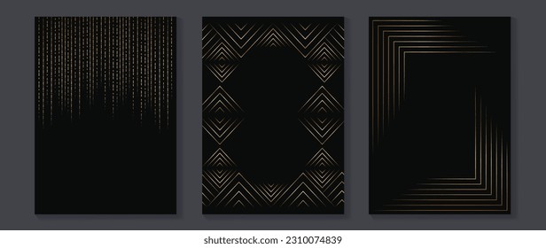 Luxury wedding invitation card background vector. Golden elegant geometric shape, gold lines on dark background. Premium design illustration for wedding and vip cover template, banner, poster.
