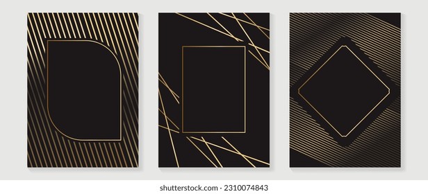 Luxury wedding invitation card background vector. Golden elegant geometric shape, gold lines on dark blue background. Premium design illustration for wedding and vip cover template, banner, poster.