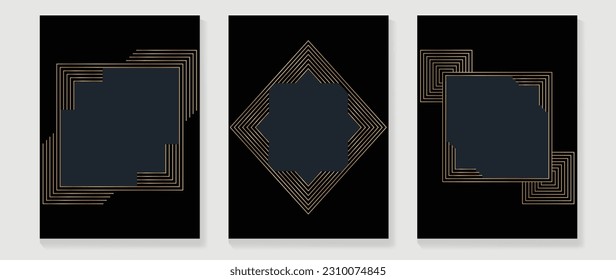 Luxury wedding invitation card background vector. Golden elegant geometric shape, gold lines on dark background. Premium design illustration for wedding and vip cover template, banner, poster.