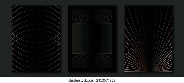 Luxury wedding invitation card background vector. Golden elegant geometric shape, gold wavy lines on dark background. Premium design illustration for wedding and vip cover template, banner, poster.