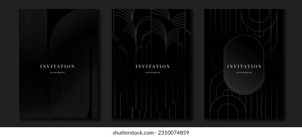 Luxury wedding invitation card background vector. Golden elegant geometric shape, gold wavy lines on dark background. Premium design illustration for wedding and vip cover template, banner, poster.