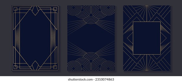 Vector de fondo de la tarjeta de invitación a boda de lujo. Forma geométrica elegante dorada, líneas doradas sobre fondo azul oscuro. Ilustración de diseño premium para la plantilla de portada de bodas y vip, banner, afiche.