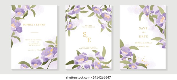 Luxury wedding invitation card background with golden glitter flower and botanical leaves, watercolor texture. Abstract art background vector design for wedding and vip cover template.