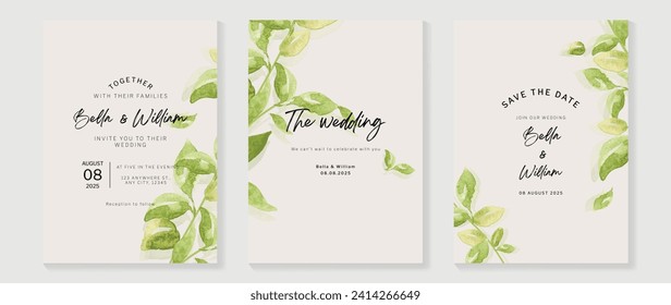 Luxury wedding invitation card background with green botanical leaves branch, watercolor texture. Abstract art background vector design for wedding, vip cover template, postcard, greeting.