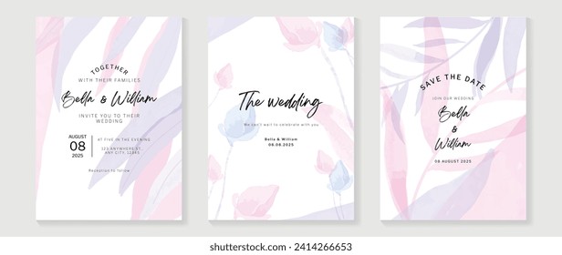 Luxury wedding invitation card background with flower and botanical leaves, watercolor texture. Abstract art background vector design for wedding, vip cover template, postcard.