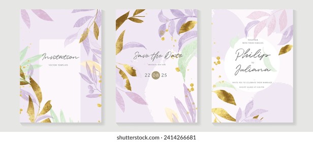 Luxury wedding invitation card background with golden botanical leaves, frame, glitter, watercolor texture. Abstract art background vector design for wedding and vip cover template.