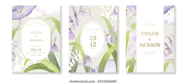 Luxury wedding invitation card background with golden glitter flower and botanical leaves, frame, watercolor texture. Abstract art background vector design for wedding and vip cover template.