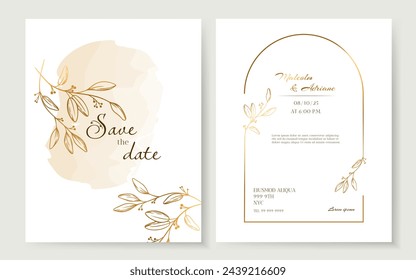 Luxury wedding invitation card background with golden line art flower and botanical leaves. Template layout design for invite card, luxury invitation card and cover template.