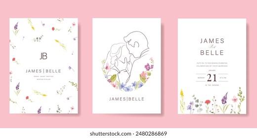 Luxury wedding invitation card background vector. Minimal hand drawn bride and groom in watercolor botanical flowers texture. Design for wedding, vip cover template, rsvp modern card, poster.