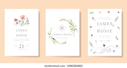 Luxury wedding invitation card background vector. Minimal hand drawn bride and groom in watercolor botanical flowers texture. Design for wedding, vip cover template, rsvp modern card, poster.