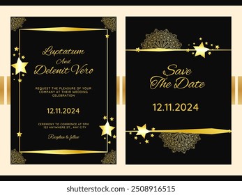 Luxury wedding invitation card background with golden line art flower