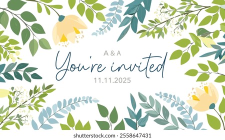 Luxury wedding invitation card background with golden glitter flower and botanical leaves, frame, watercolor
