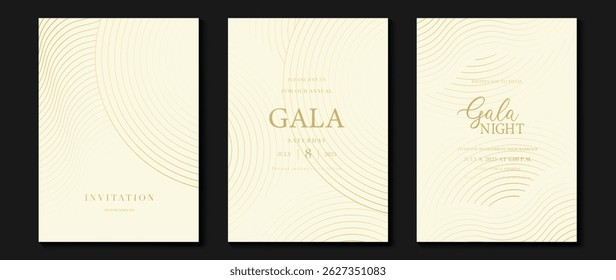 Luxury wedding invitation card background vector. Golden elegant geometric shape, gold wavy lines on light background. Premium design illustration for wedding, vip cover template, banner, poster.