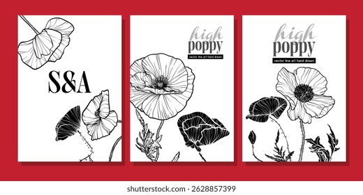 Vetor de fundo de cartão de convite de casamento de luxo. Elegante flor botânica decorar com linha arte flores papoula fundo modelo. Design ilustração para casamento e modelo de capa vip, banner.