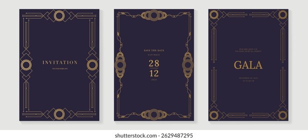 Luxury wedding invitation card background vector. Elegant classic antique design, gold lines gradient on purple background. Premium design illustration for gala card, grand opening, art deco.