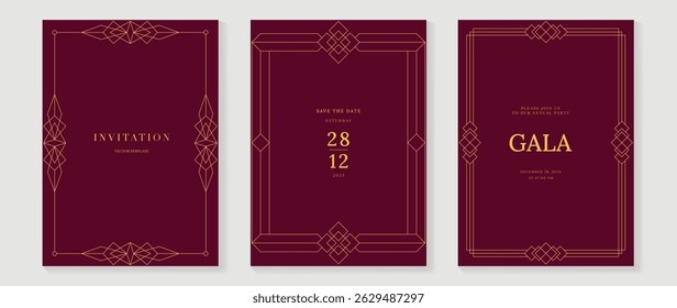 Vetor de fundo de cartão de convite de casamento de luxo. Elegante clássico design antigo, linhas de ouro gradiente em fundo vermelho. Ilustração de design premium para cartão de gala, grande abertura, art deco.