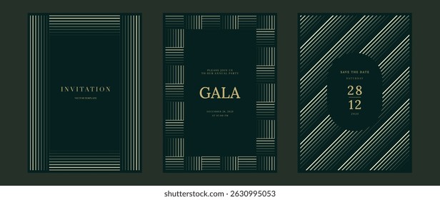 Luxury wedding invitation card background vector. Golden elegant gold wavy lines on green background. Premium design illustration for wedding, vip cover template, banner, poster.