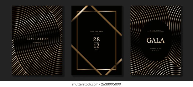 Vetor de fundo de cartão de convite de casamento de luxo. Linhas onduladas douradas elegantes sobre fundo escuro. Ilustração de design premium para casamento, modelo de capa vip, banner, cartaz.