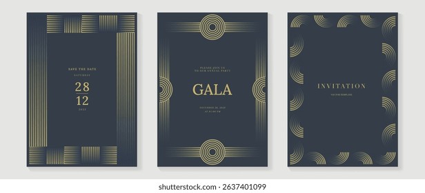 Luxury wedding invitation card background vector. Golden elegant gold wavy lines on navy blue background. Premium design illustration for wedding and vip cover template, banner, poster.